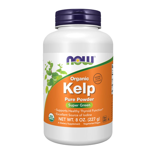 NOW Kelp Powder envase frontal mostrando tamaño y certificación