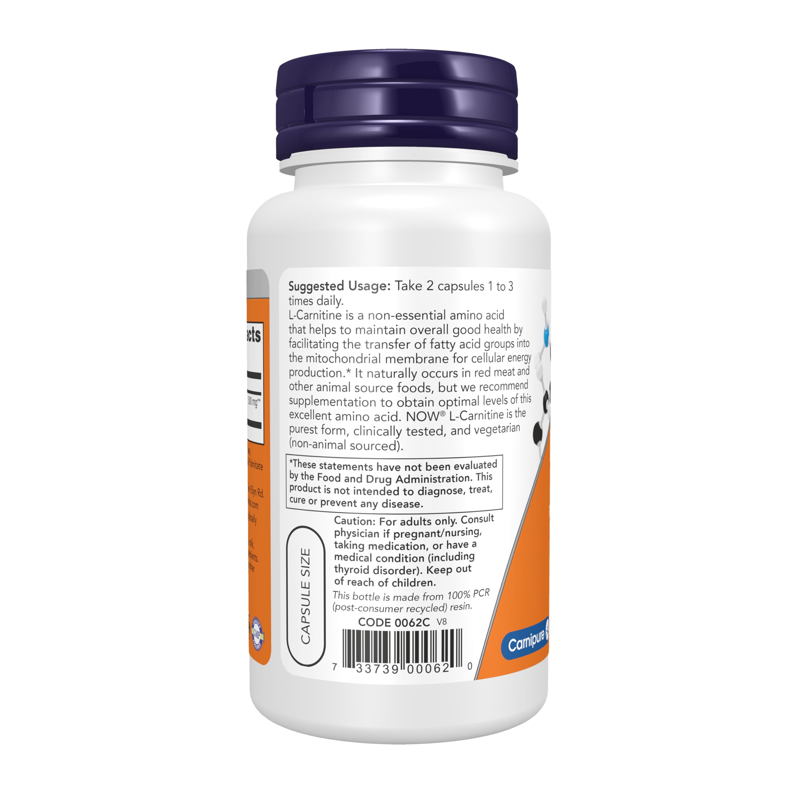 NOW L-Carnitina detalle de etiqueta con certificaciones GMP y Non-GMO