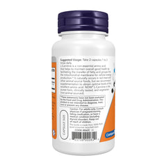 NOW L-Carnitina detalle de etiqueta con certificaciones GMP y Non-GMO
