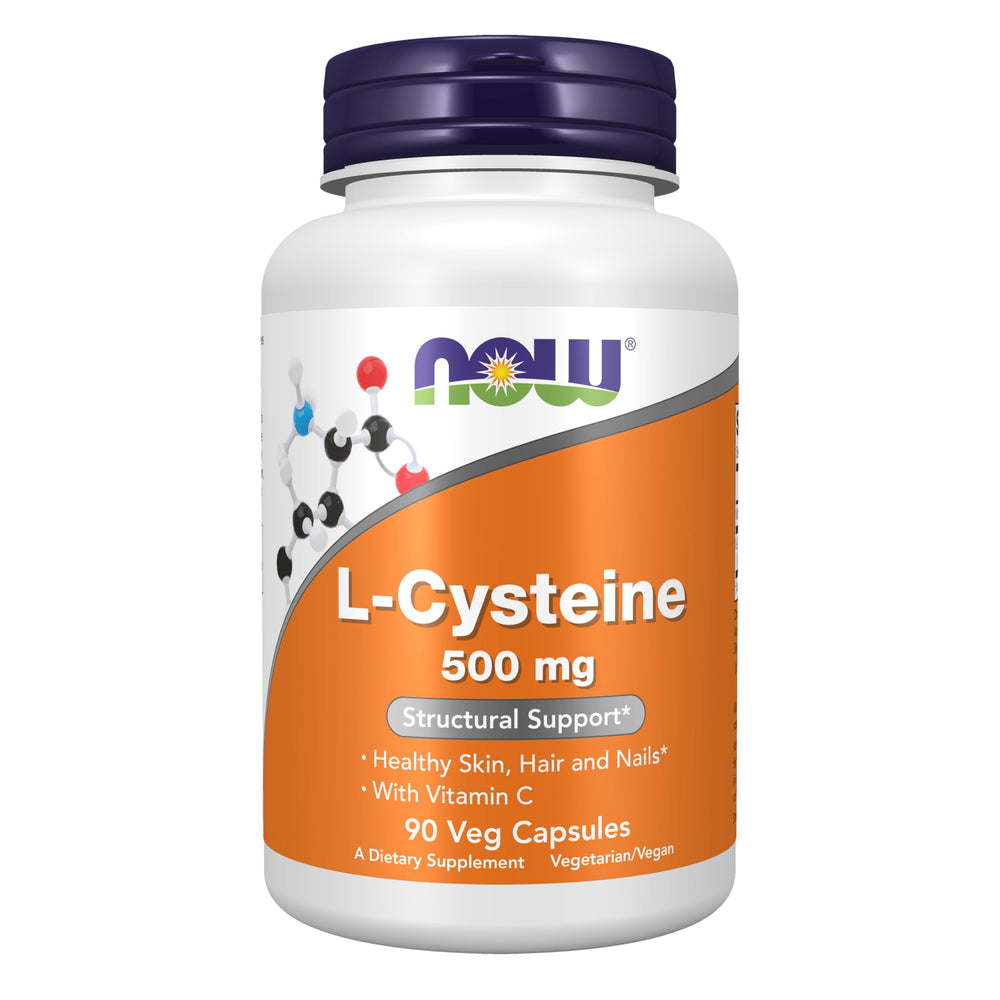 NOW Foods envase frontal del suplemento L-Cysteine 500 mg mostrando la marca y cantidad
