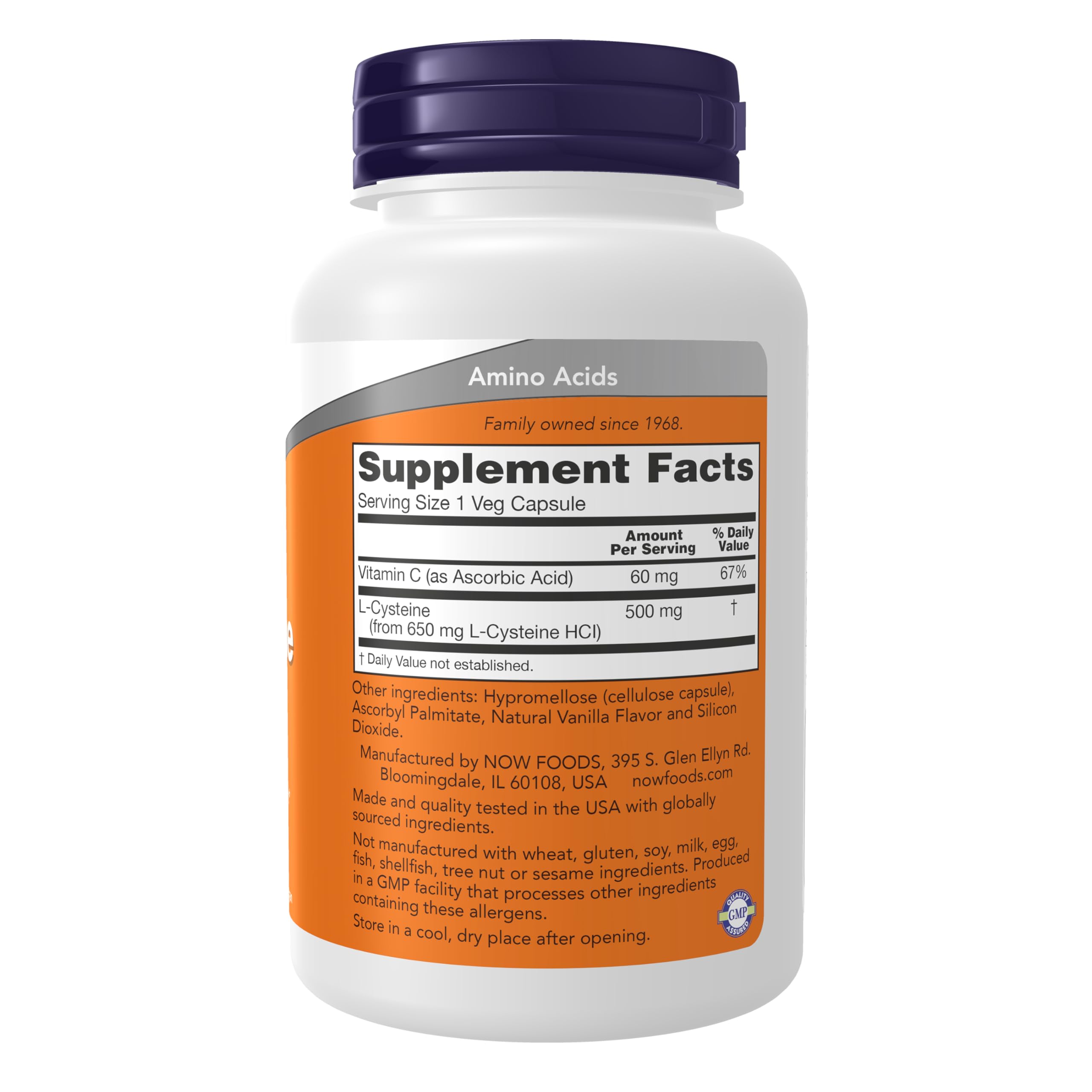 Detalle de la tapa y etiqueta NOW Foods L-Cysteine con información de calidad GMP