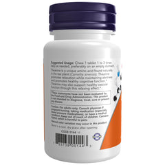 Etiqueta de NOW L-Theanine con lista de ingredientes y garantía de calidad