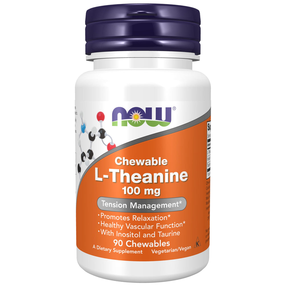 NOW L-Theanine envase frontal mostrando presentación y beneficio de relajación