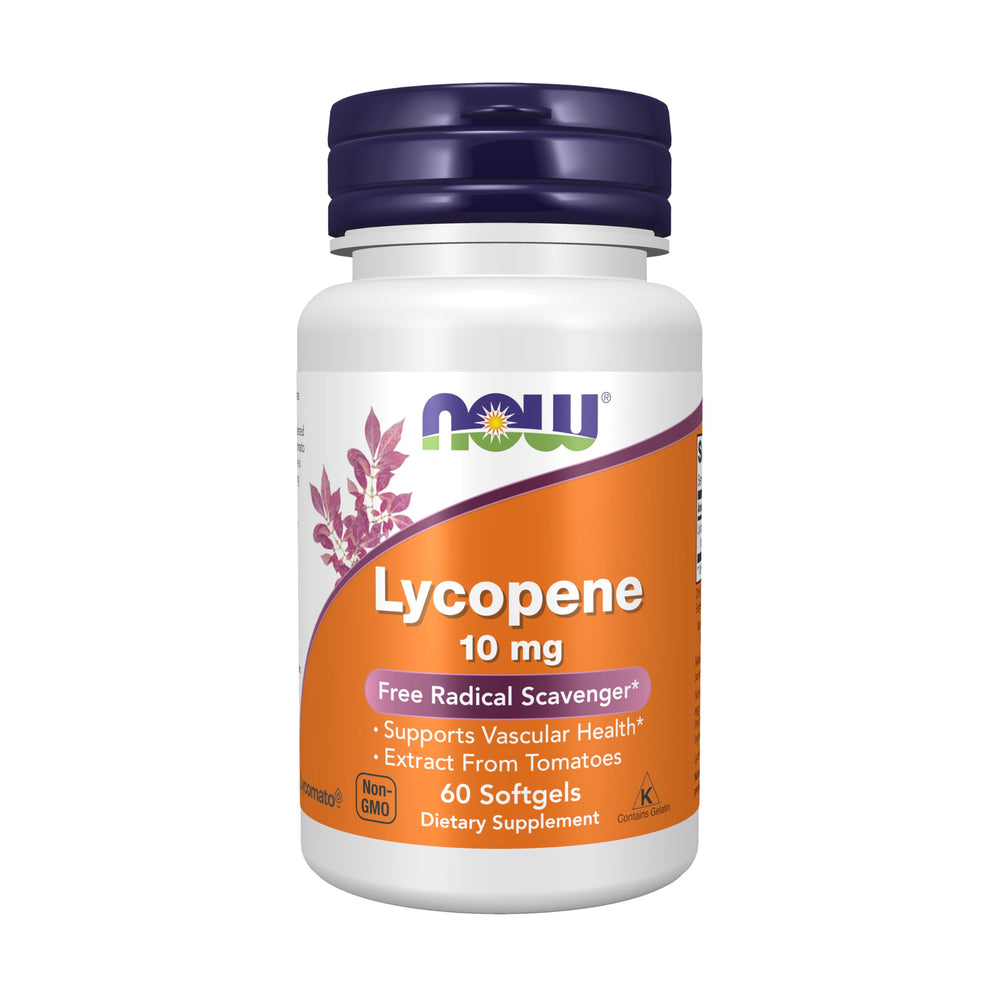 NOW Lycopene envase frontal mostrando 60 softgels y beneficios