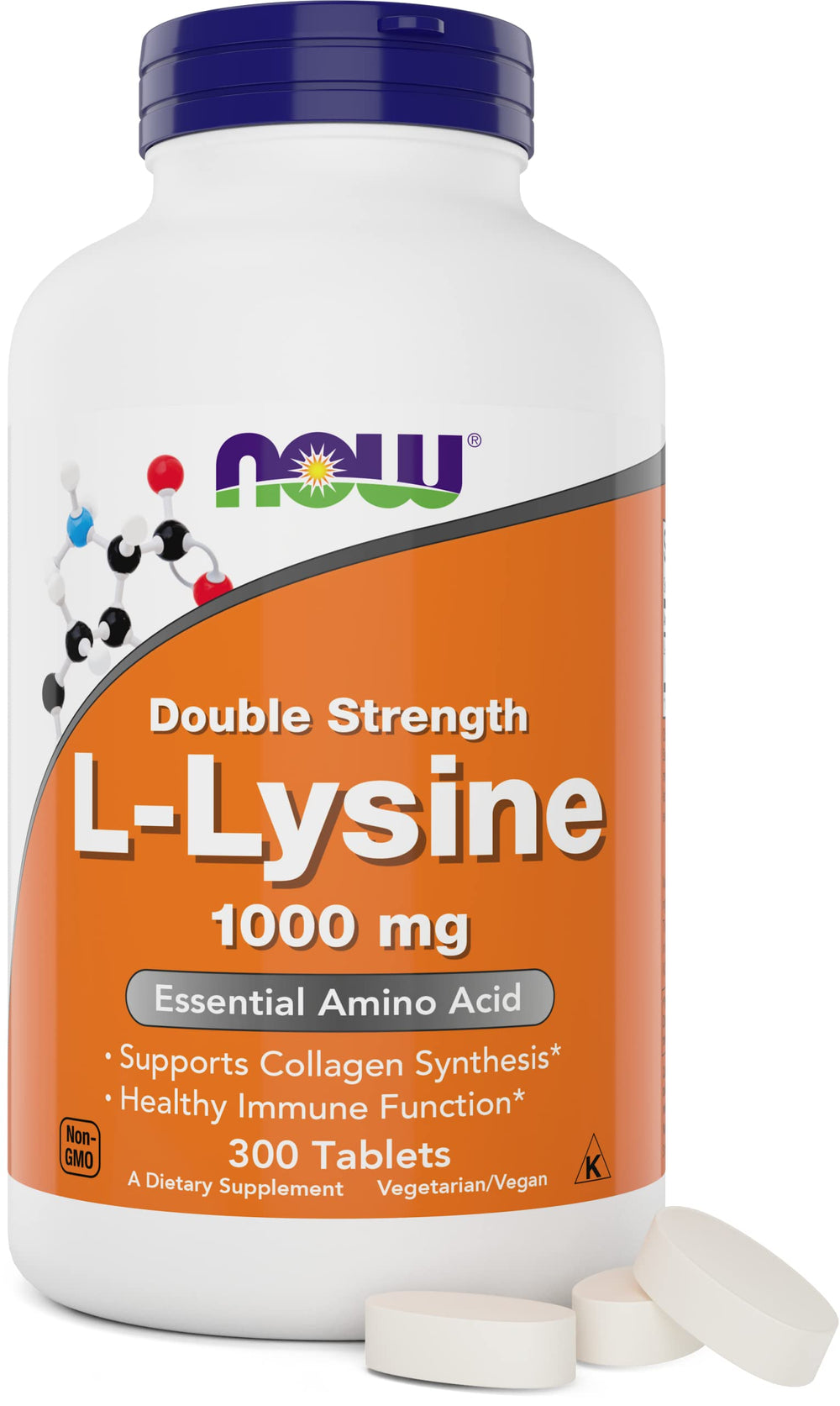 NOW Foods envase frontal de L-Lysine 1000 mg con 300 tabletas, fácilmente identificable