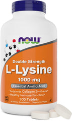 NOW Foods envase frontal de L-Lysine 1000 mg con 300 tabletas, fácilmente identificable