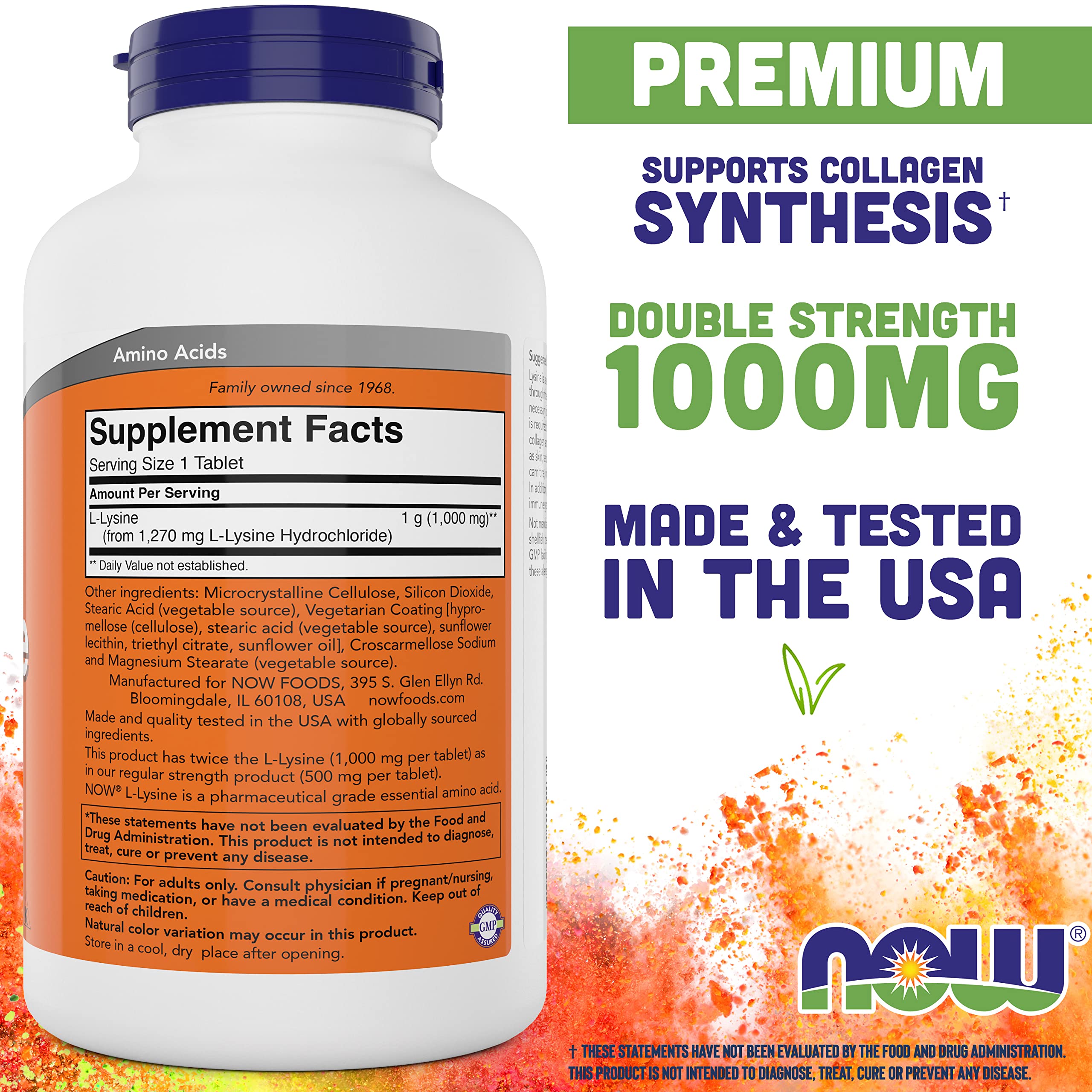 NOW Foods pilas de tabletas L-Lysine 1000 mg mostrando tamaño y acabado, conveniente dosificación