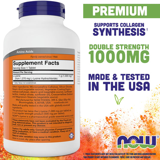 NOW Foods pilas de tabletas L-Lysine 1000 mg mostrando tamaño y acabado, conveniente dosificación