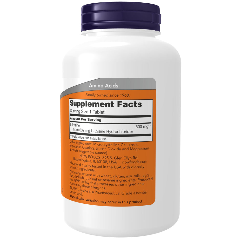 NOW L-Lysine primer plano de tabletas para apreciar textura y uniformidad