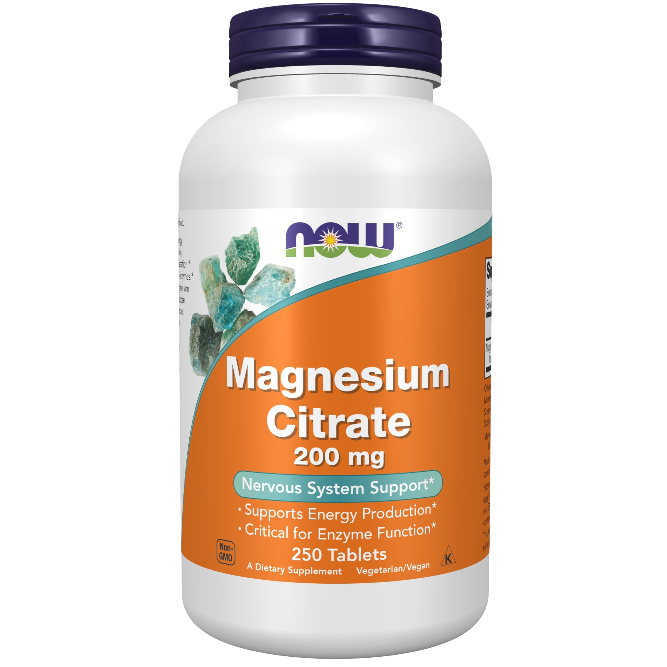 NOW Magnesium Citrate frasco frontal mostrando etiqueta y cantidad 250 tabletas, confianza de marca