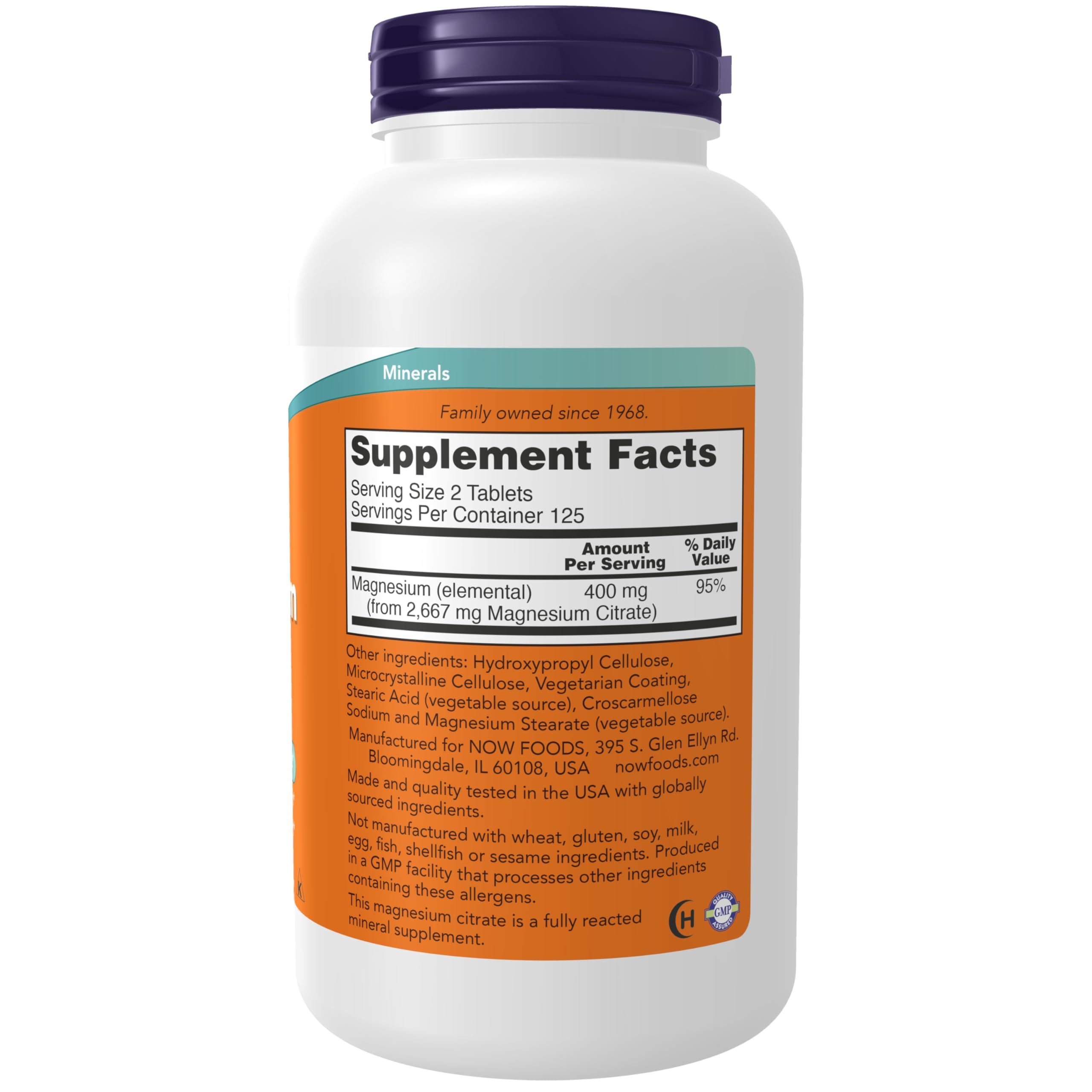 Etiqueta lateral de NOW Magnesium Citrate con información de certificaciones y beneficios claros