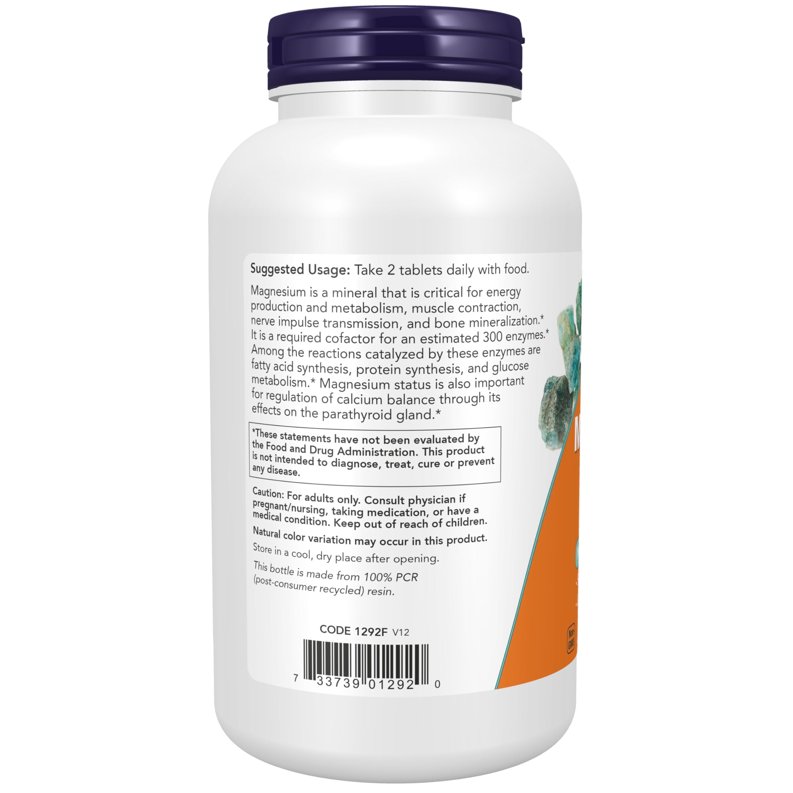 Tabletas de NOW Magnesium Citrate sobre superficie, presentación de dosis y forma física