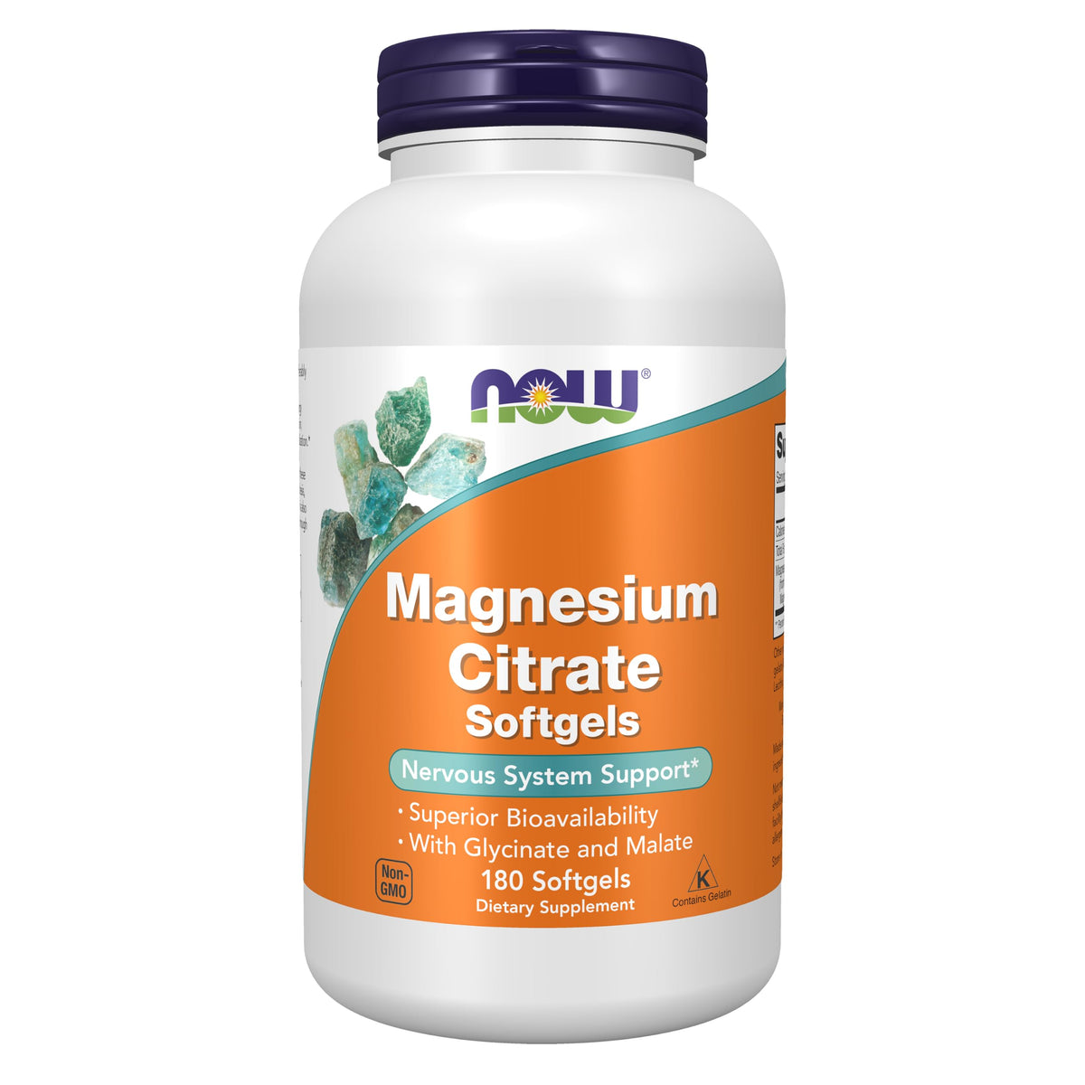 NOW botella frontal mostrando 180 softgels y beneficios de absorción