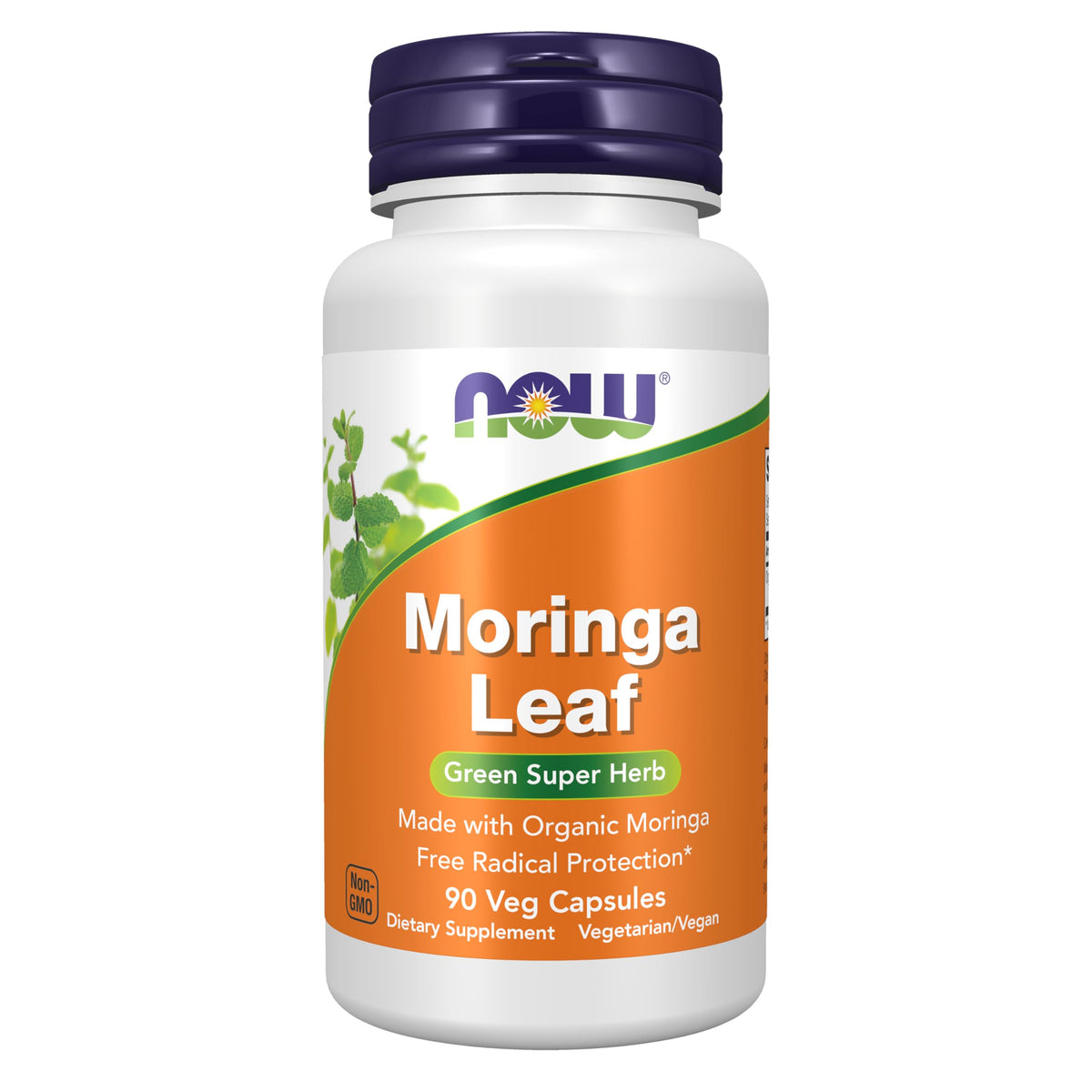 NOW Moringa envase frontal mostrando 90 cápsulas y claridad de marca