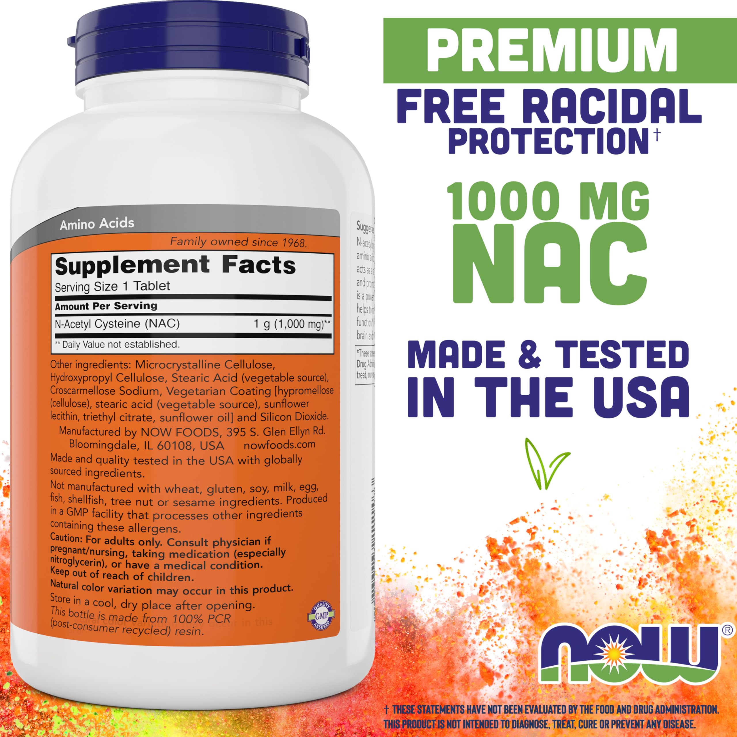 NOW Foods detalle de una tableta NAC 1000 mg destacando su textura y pureza