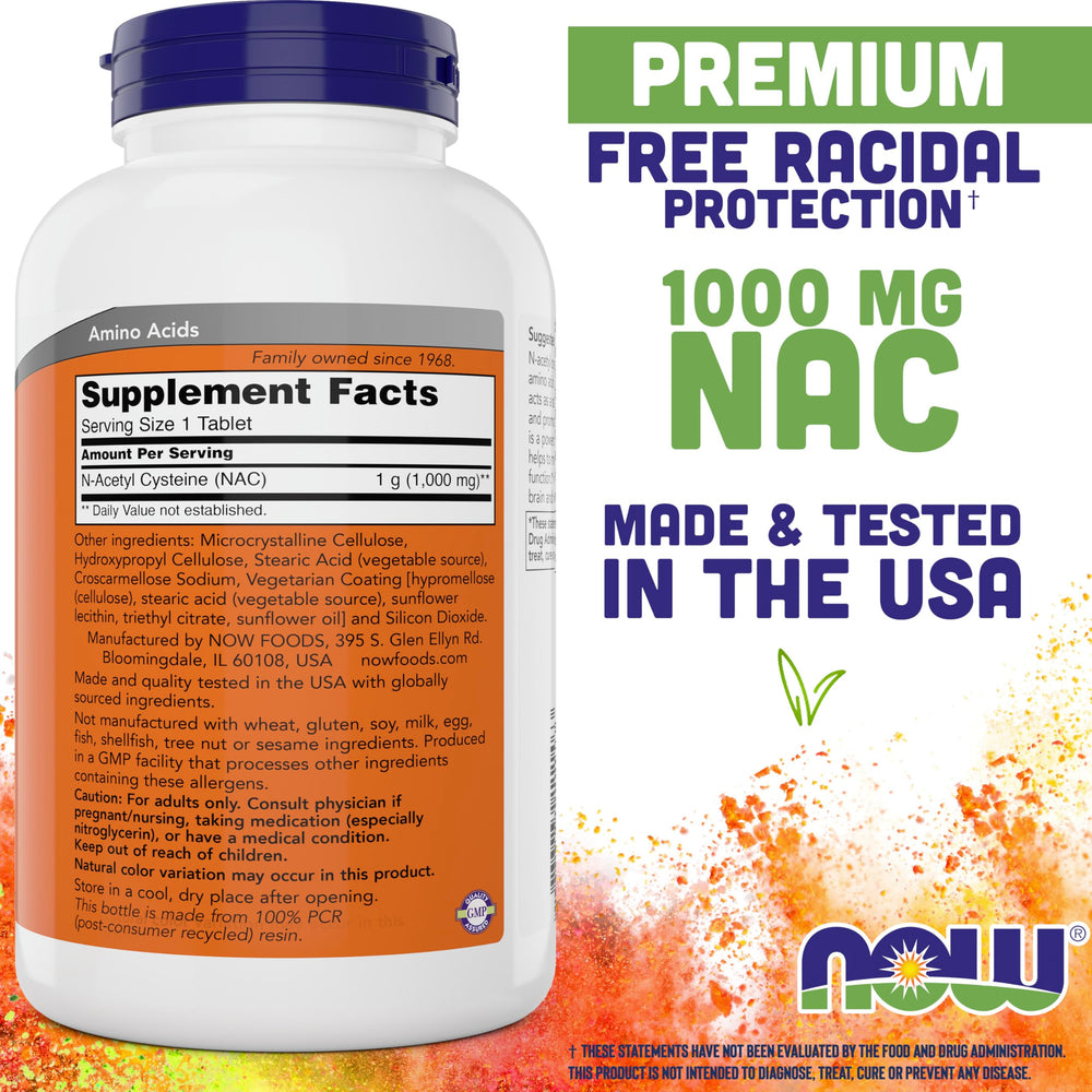 NOW Foods detalle de una tableta NAC 1000 mg destacando su textura y pureza