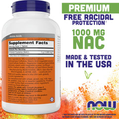 NOW Foods detalle de una tableta NAC 1000 mg destacando su textura y pureza