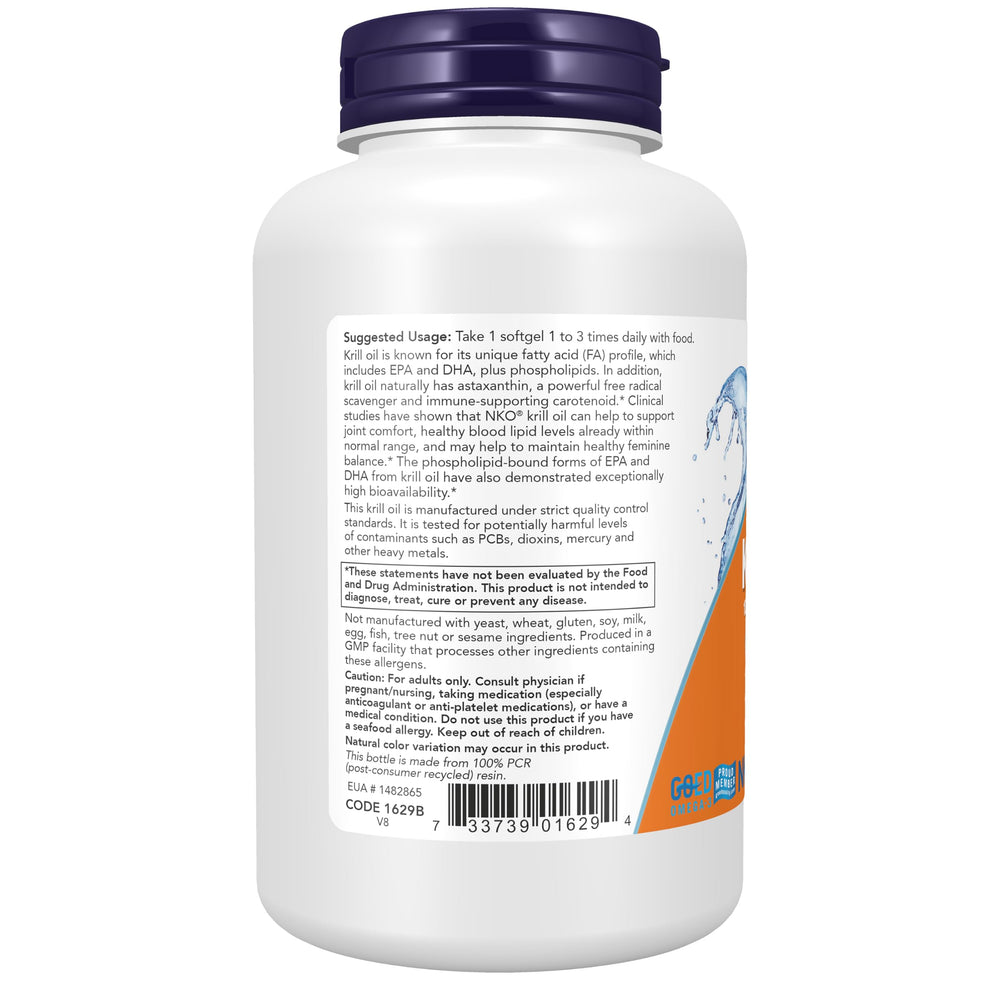 Detalle del aceite de krill NOW Foods mostrando su color y aspecto antioxidante por astaxantina