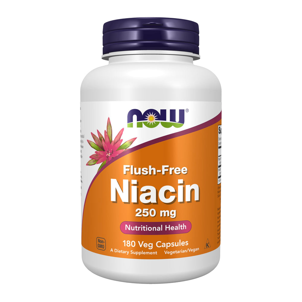 NOW envase frontal de niacina 250 mg mostrando la etiqueta y cantidad