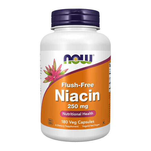 NOW envase frontal de niacina 250 mg mostrando la etiqueta y cantidad