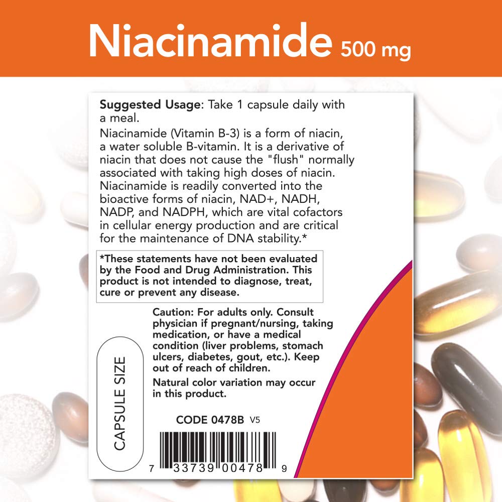 NOW Niacinamide cápsulas primer plano mostrando textura y dosificación clara