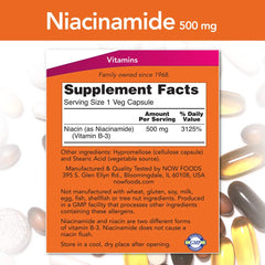 NOW Niacinamide etiqueta detalle con información de dosis visible y confianza