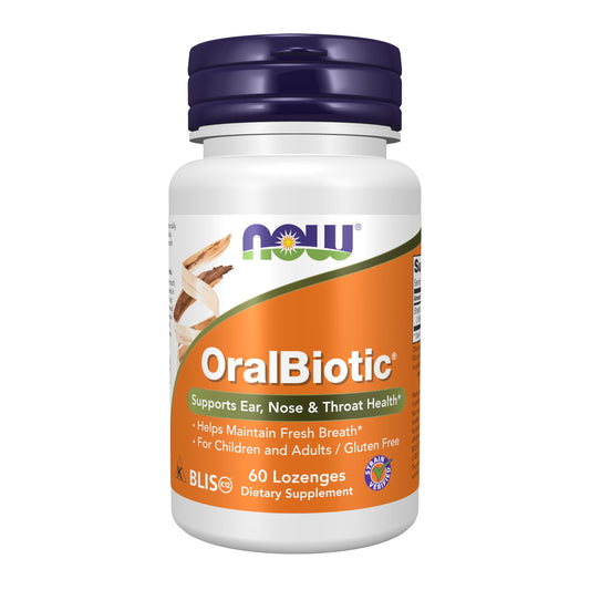 NOW Foods envase OralBiotic™ frente con información clara y beneficio probiótico