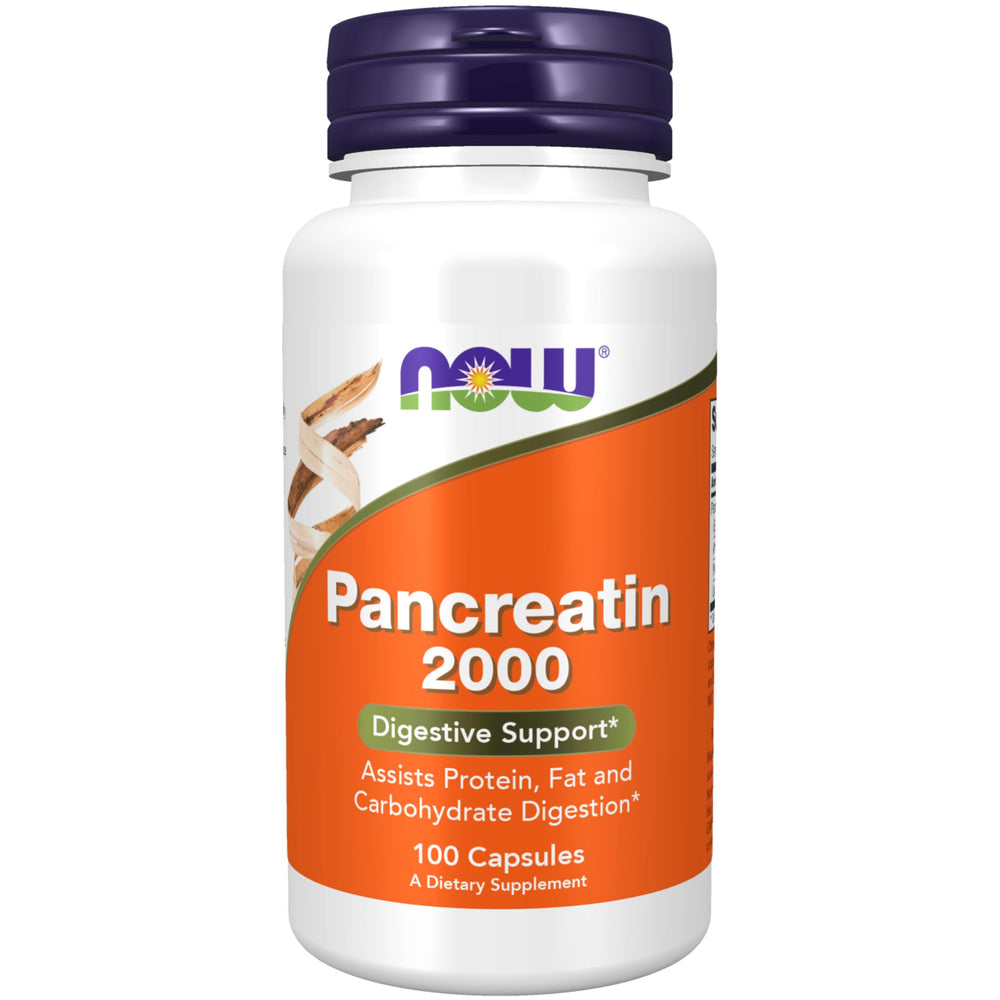 NOW Pancreatin imagen frontal del frasco mostrando el producto y beneficios