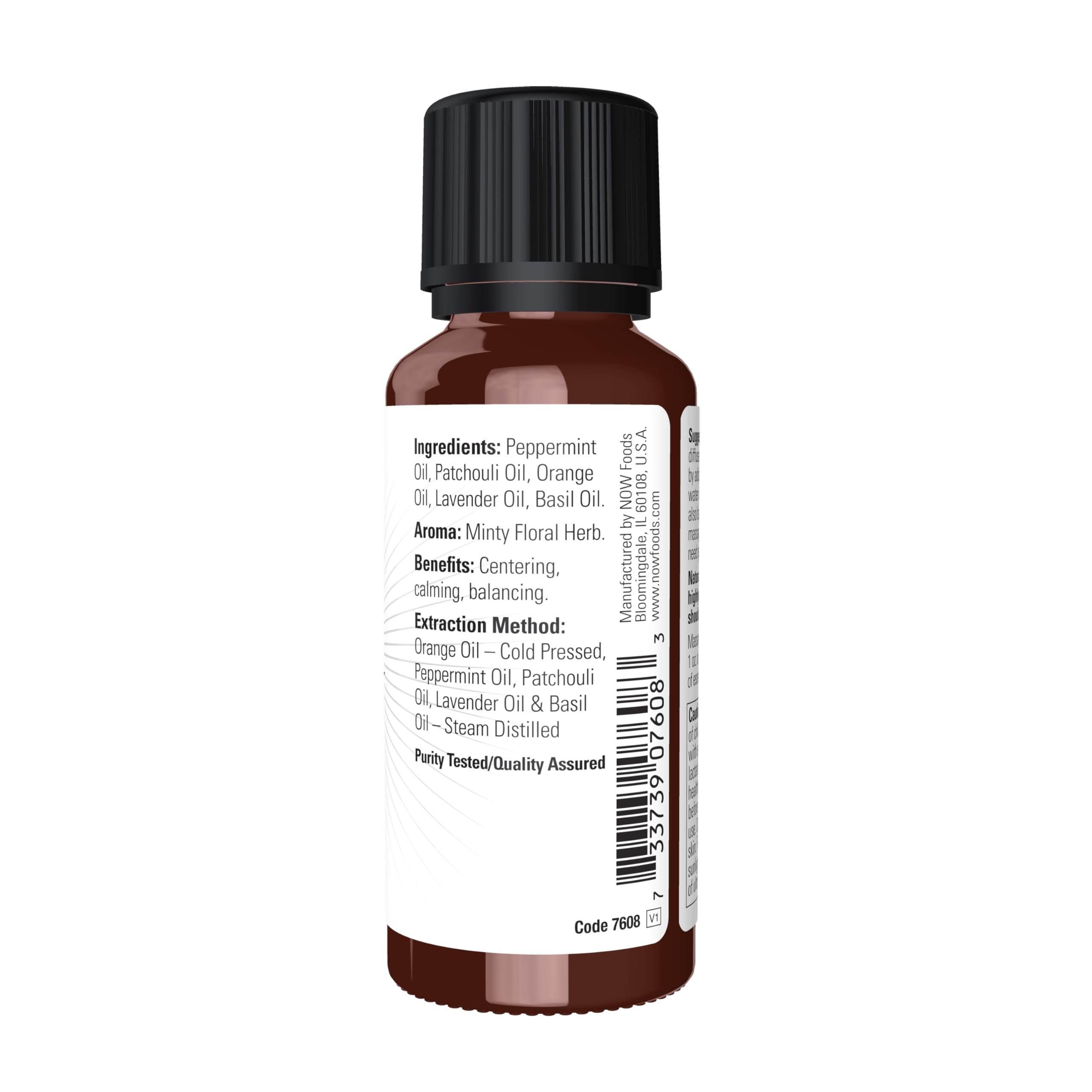 Detalle de la etiqueta de NOW Peace & Harmony mostrando ingredientes y pureza