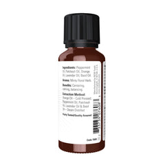 Detalle de la etiqueta de NOW Peace & Harmony mostrando ingredientes y pureza