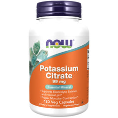 NOW Potassium Citrate vista frontal del frasco con etiqueta clara y beneficios