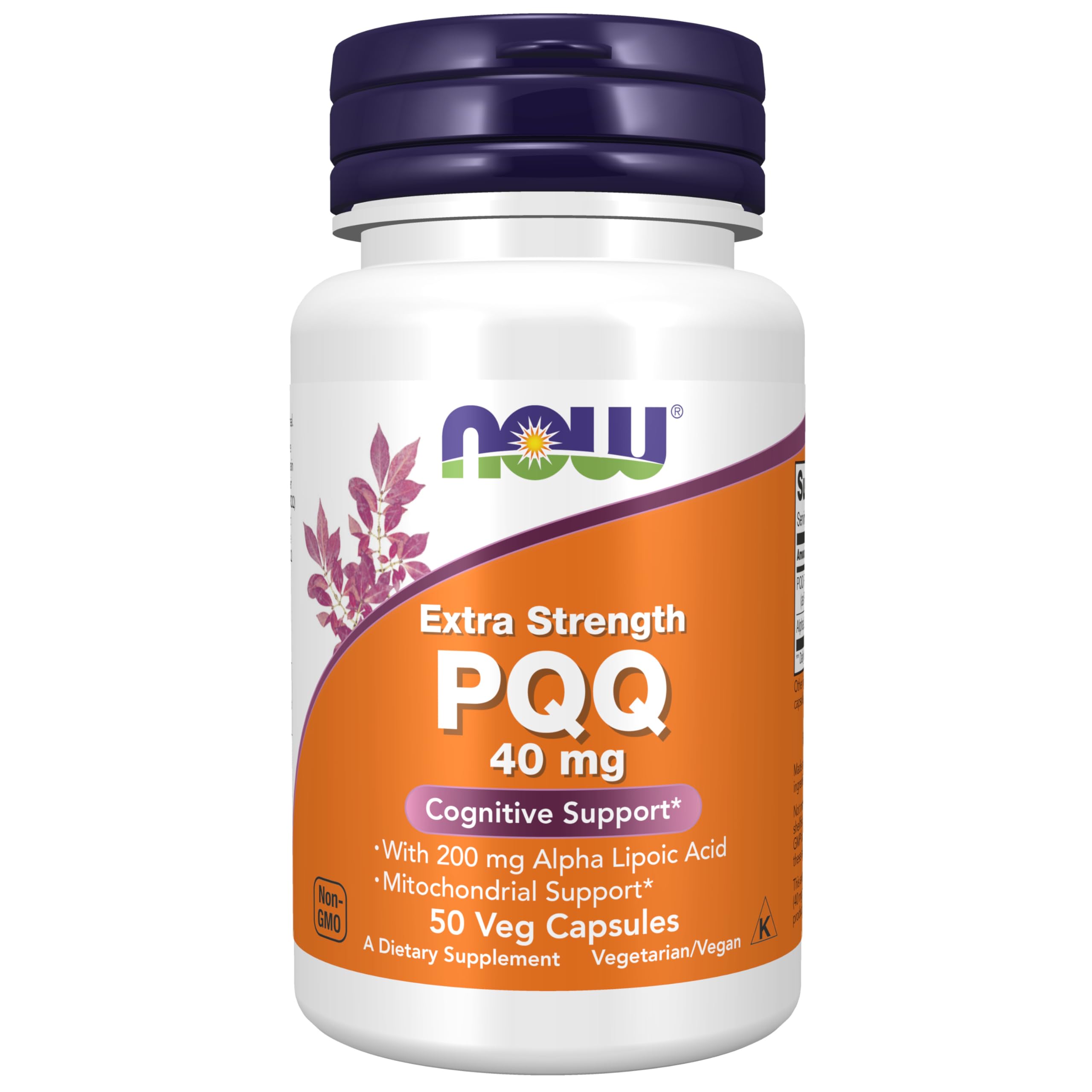 NOW Foods envase frontal PQQ 40 mg mostrando beneficio apoyo mitocondrial