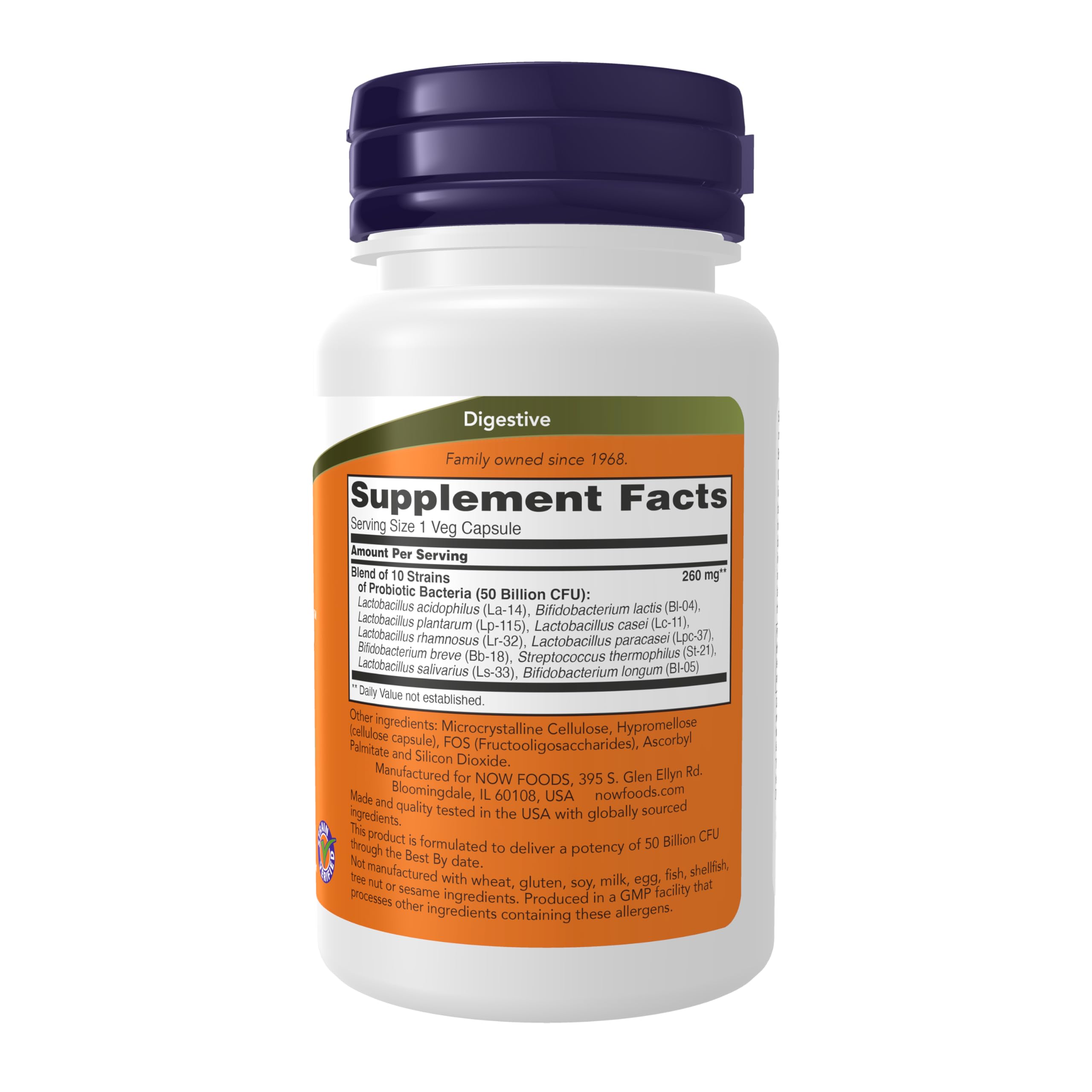 Primer plano de una cápsula de NOW Probiotic-10 resaltando textura y forma vegana