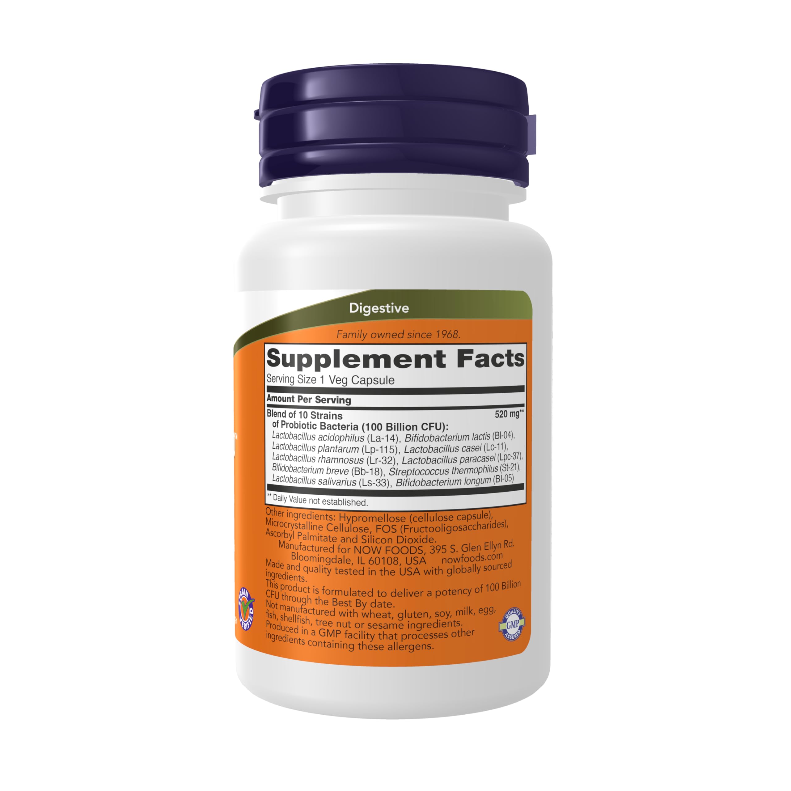NOW Probiotic-10 cápsulas vegetales detalle, fácil de tragar y vegano