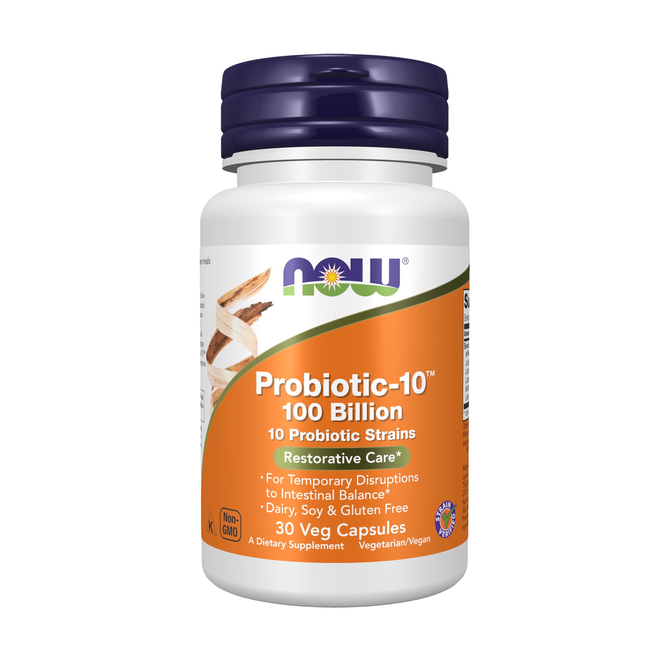 NOW Probiotic-10 frente del envase mostrando 100 billion y sello verified