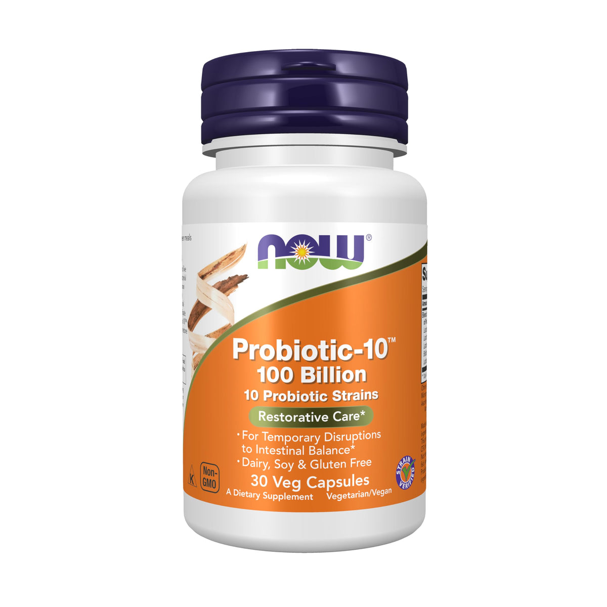 NOW Probiotic-10 frente del envase mostrando 100 billion y sello verified