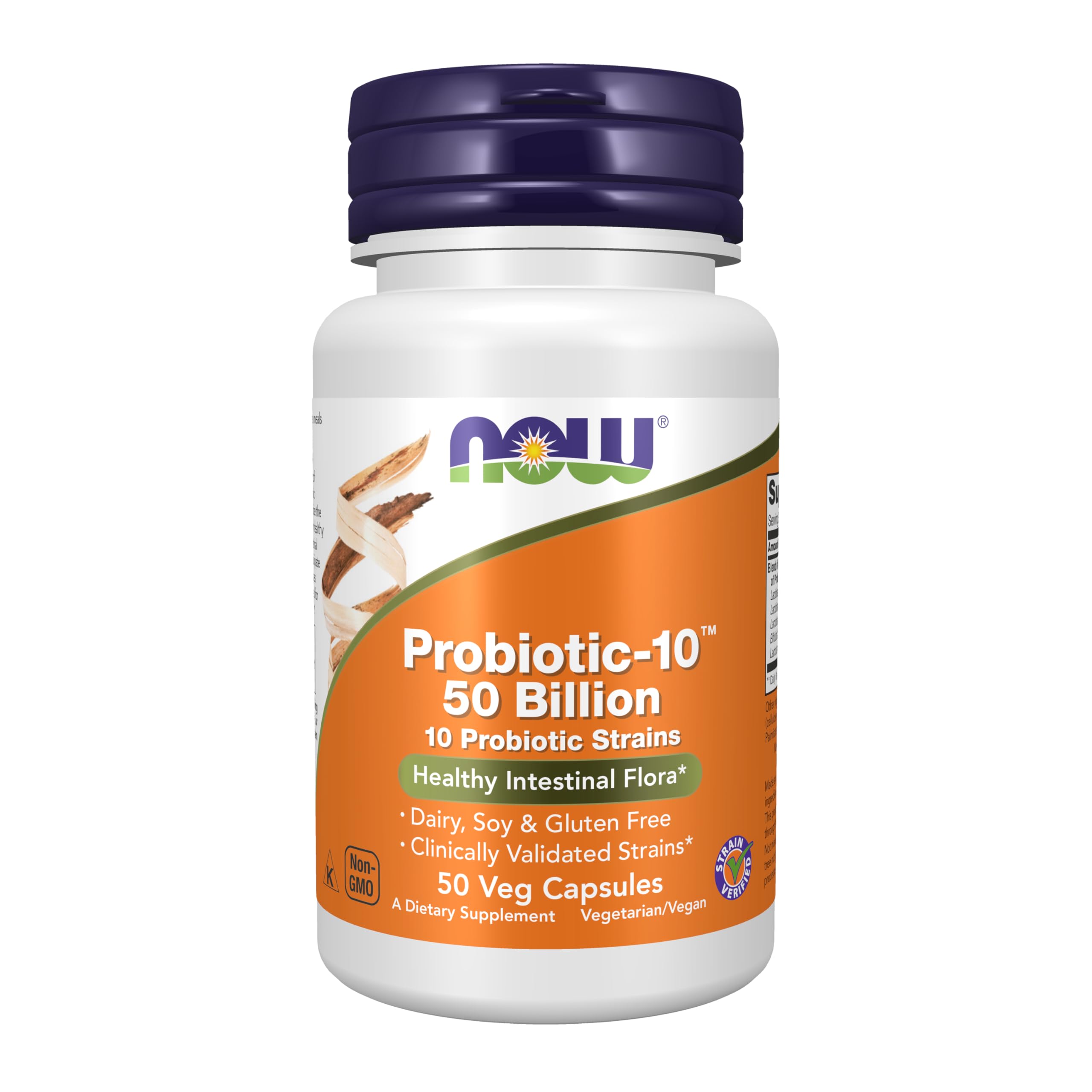 NOW Foods frasco frontal con probiótico Probiotic-10 mostrando etiqueta clara y beneficios