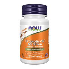 NOW Foods frasco frontal con probiótico Probiotic-10 mostrando etiqueta clara y beneficios