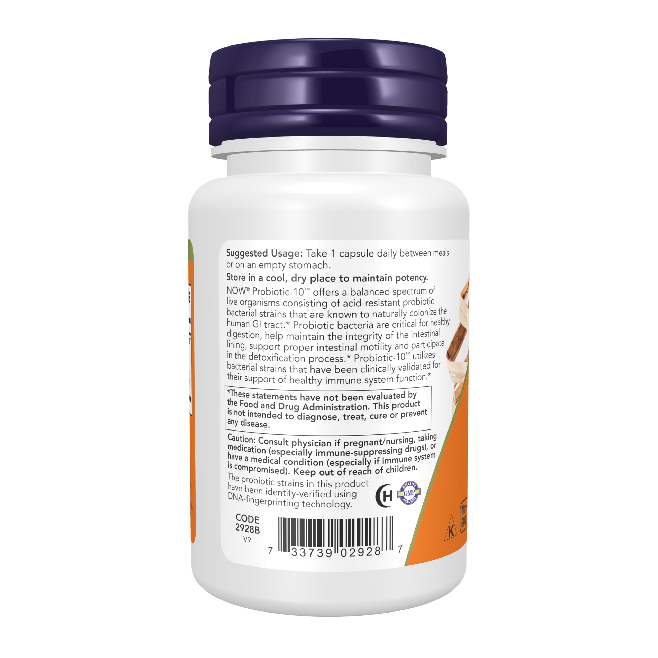 Etiqueta trasera de NOW Probiotic-10 mostrando lista de cepas y garantía de UFC