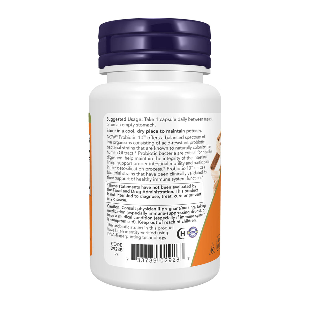 Etiqueta trasera de NOW Probiotic-10 mostrando lista de cepas y garantía de UFC