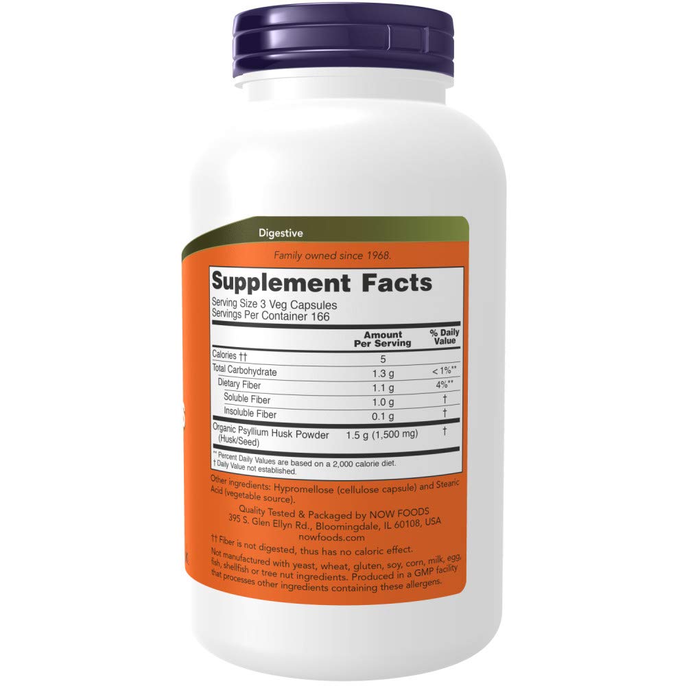 NOW Foods cápsulas de psyllium acercamiento mostrando textura y fácil ingestión