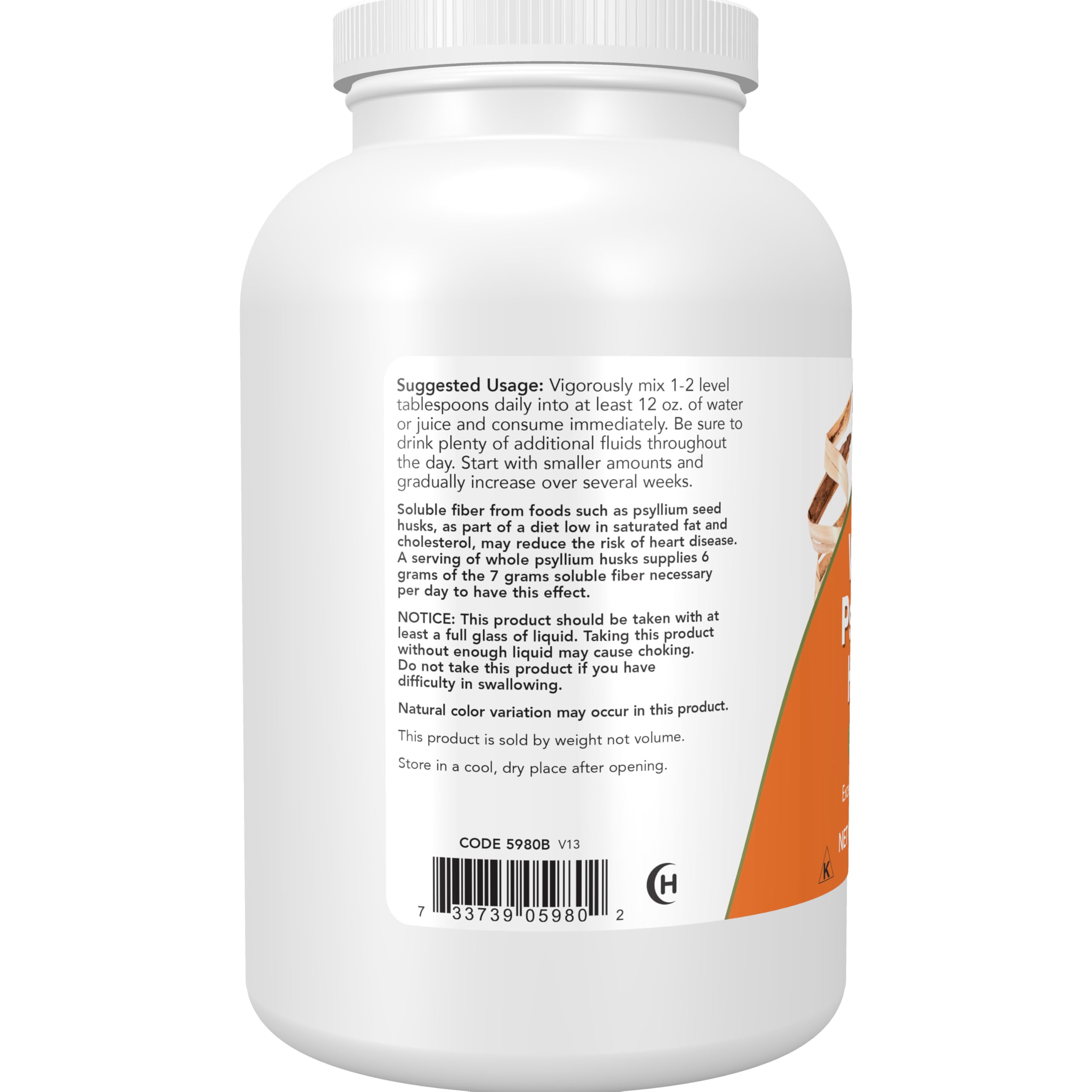 NOW Foods cucharada de psyllium vertida en vaso, mezcla rápida para consumo inmediato