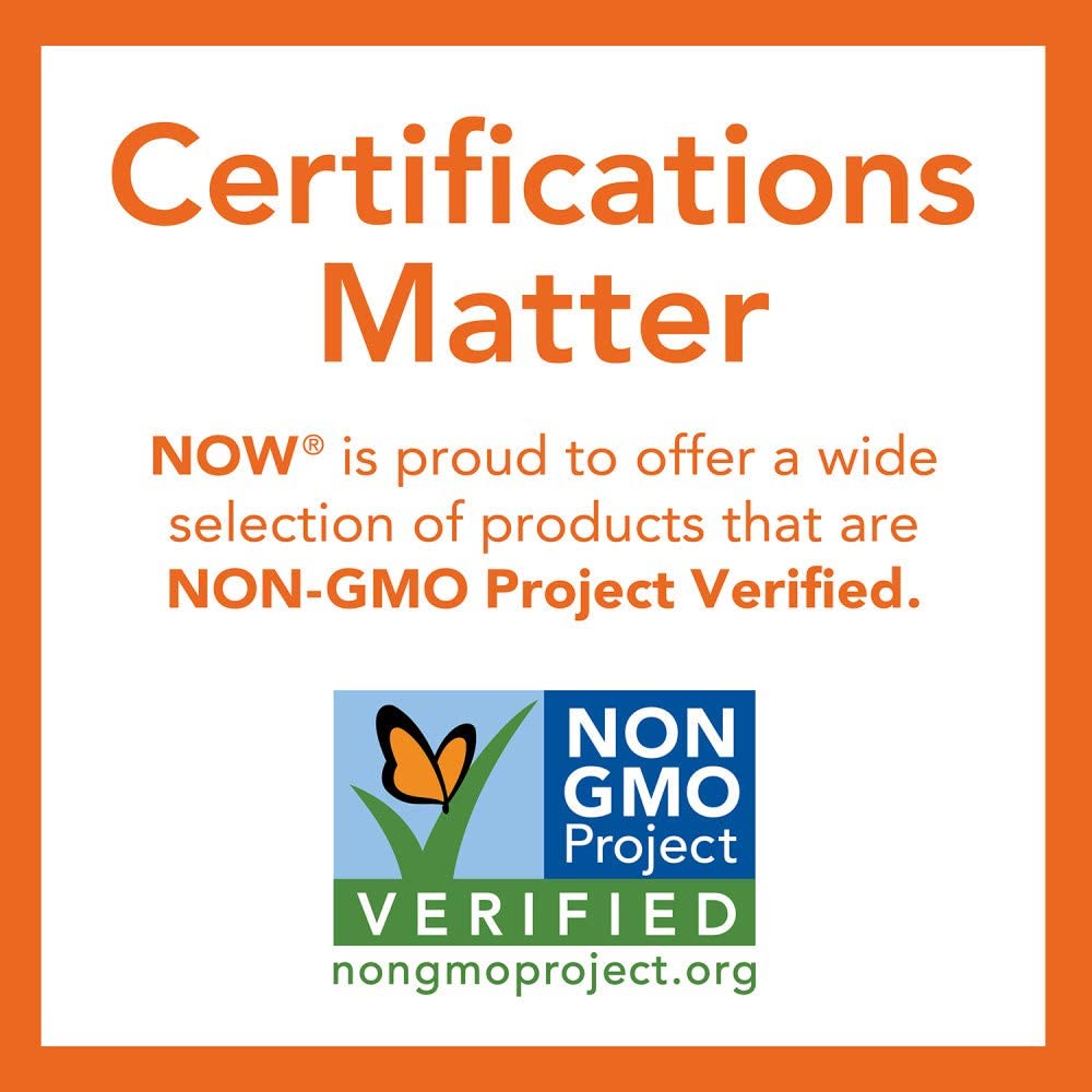 NOW Foods etiqueta con certificaciones Non-GMO, vegano y libre de gluten