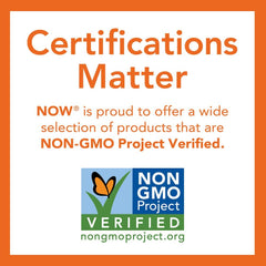 NOW Foods etiqueta con certificaciones Non-GMO, vegano y libre de gluten