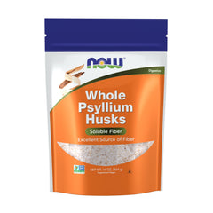 NOW Foods envase frontal de psyllium husks mostrando tamaño y marca, ideal para añadir fibra