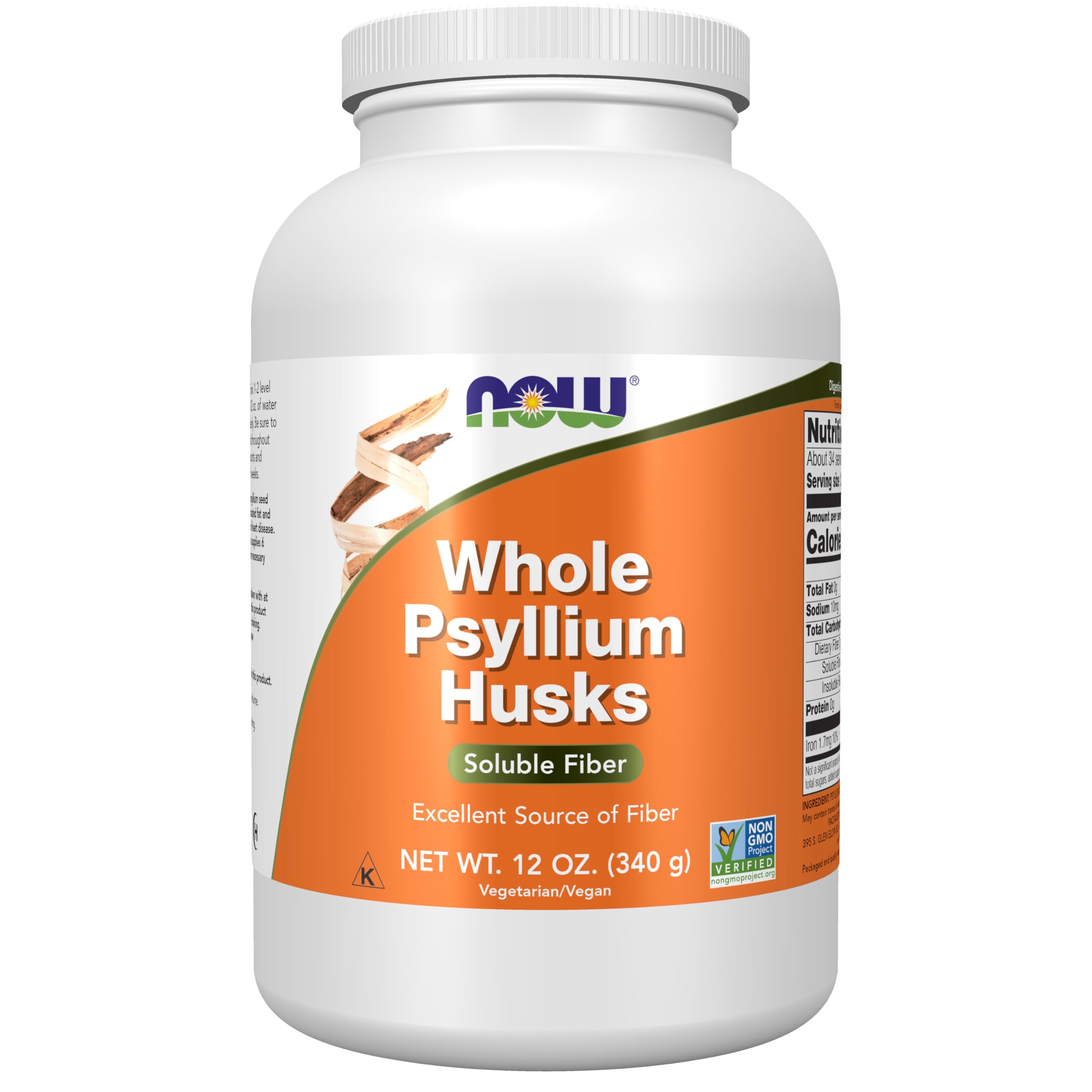 NOW Foods envase frontal mostrando psyllium granulado, práctico y sin aditivos
