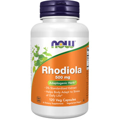 NOW Rhodiola frasco frente mostrando etiqueta y cantidad 120 cápsulas