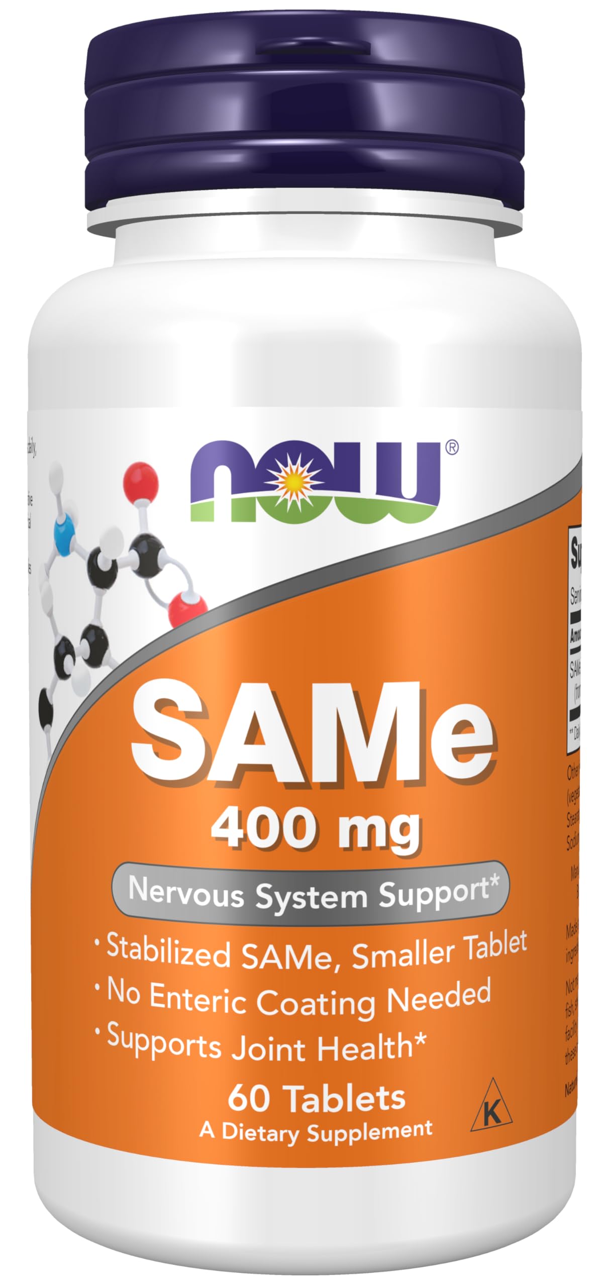 NOW Foods bote frontal mostrando SAMe 400 mg para fácil identificación y confianza