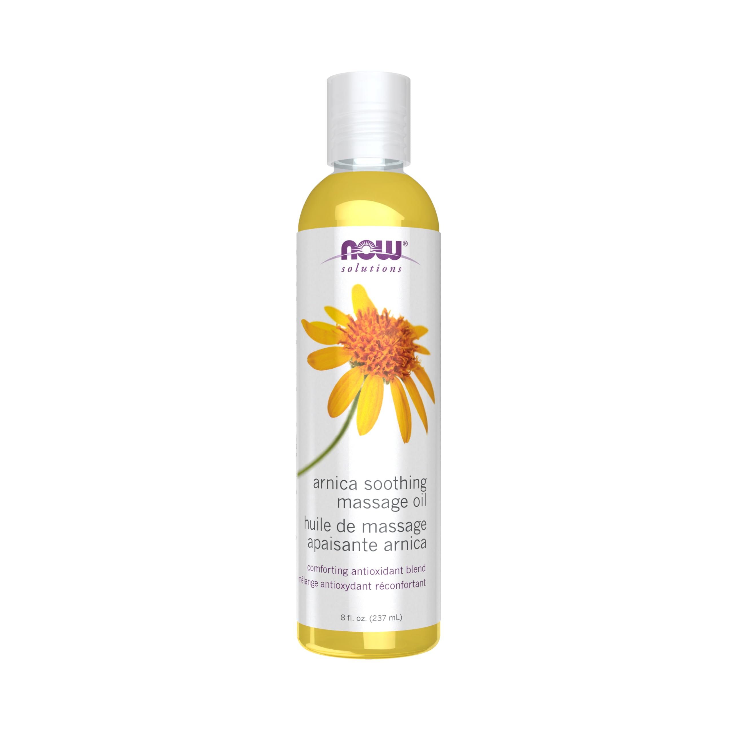 NOW Solutions botella frontal con aceite de árnica mostrando el etiquetado y beneficio calmante