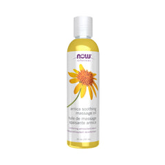 NOW Solutions botella frontal con aceite de árnica mostrando el etiquetado y beneficio calmante